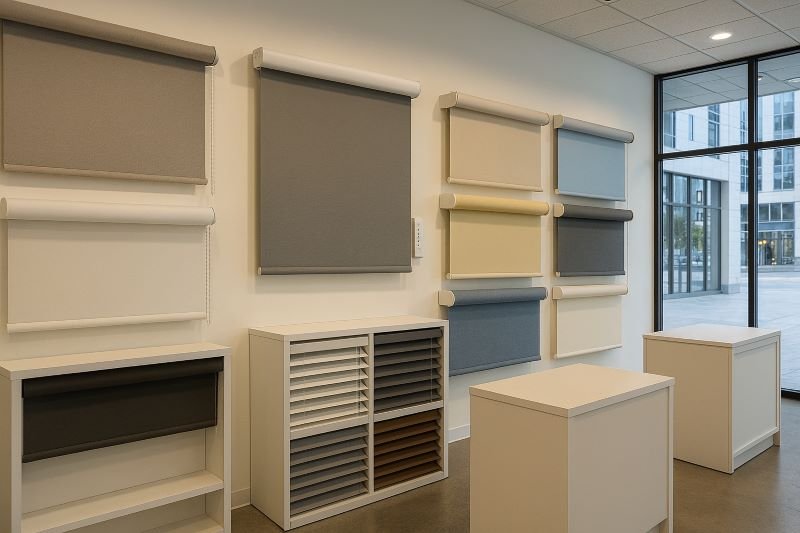 Retail showroom displaying various window shade options